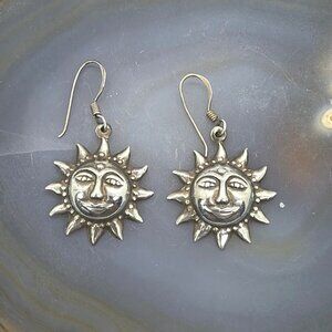 Vintage 925 Sterling Silver Smiling Sun Face Sunburst Dangle Drop Boho Earrings
